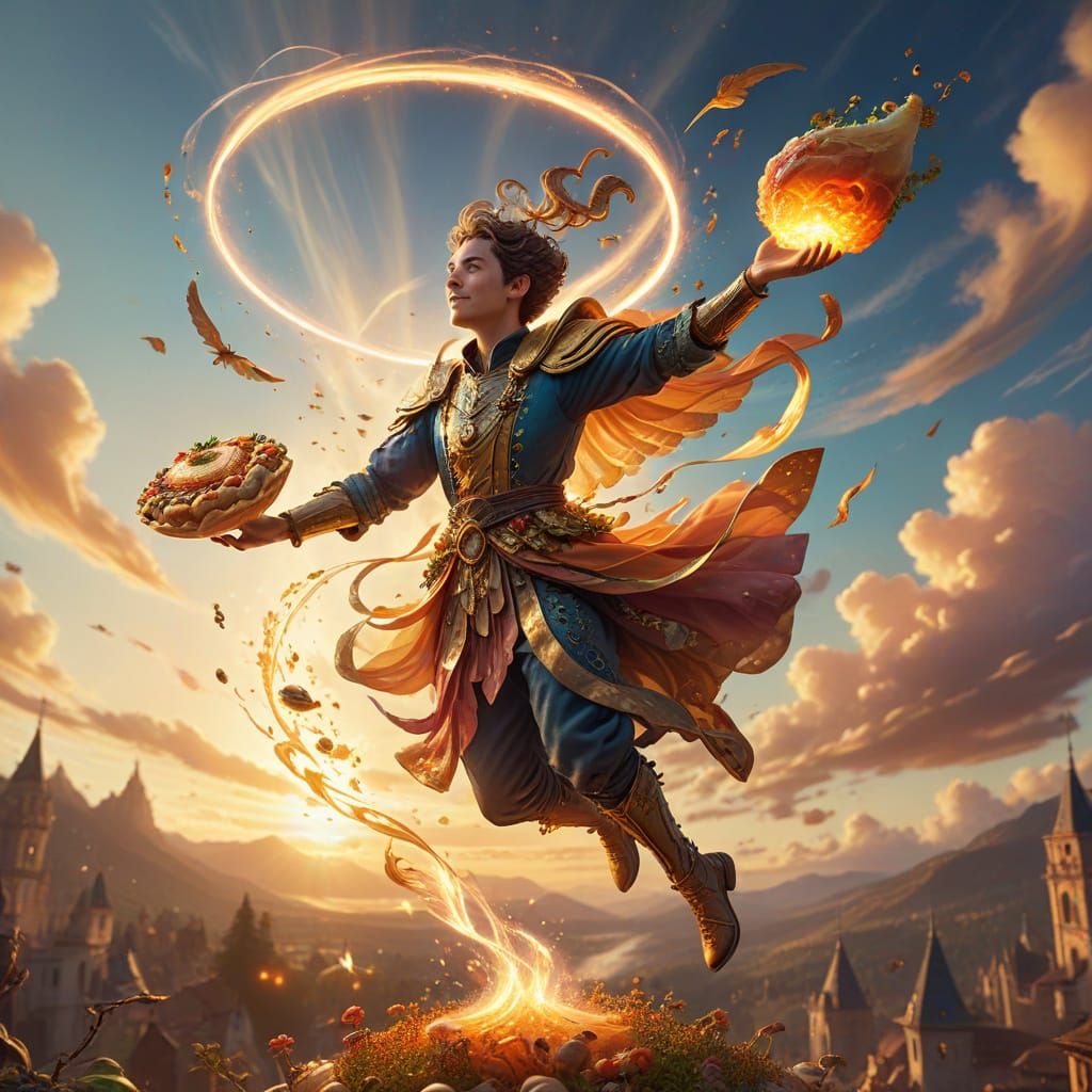 Whimsical Character Flies with Glowing Food in Golden Hour