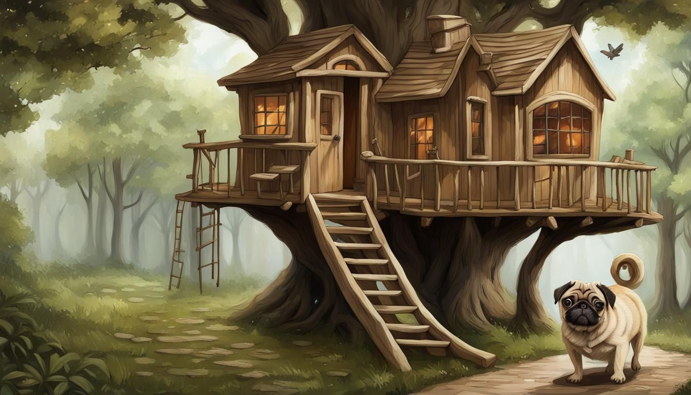 Pugs Discover a Treehouse Path in Realistic Style