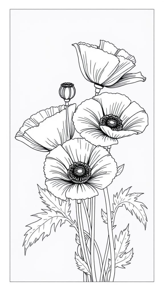 Bold Black and White Poppy Flowers in Line Art