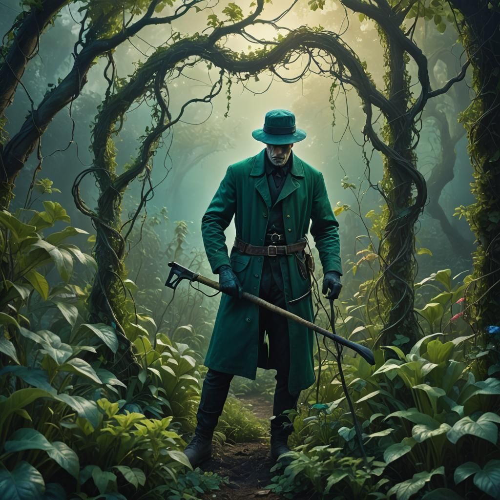 Mystical Garden: Man Spraying Pesticide, Fantasy Concept Art