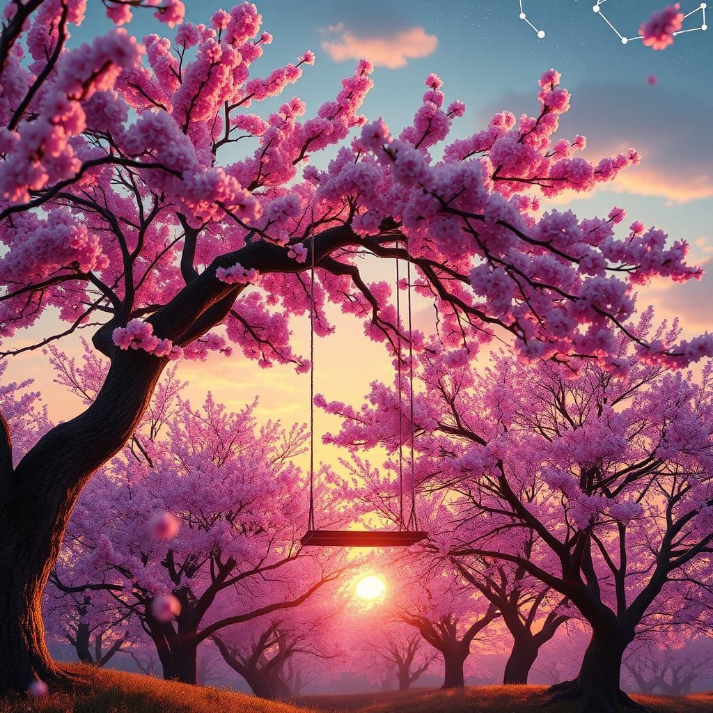 Whimsical Cherry Blossom Oasis at Sunset