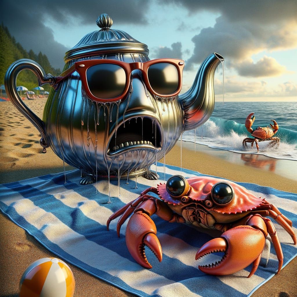 Surreal Beach Scene with Terrified Teapot and Agitated Crab