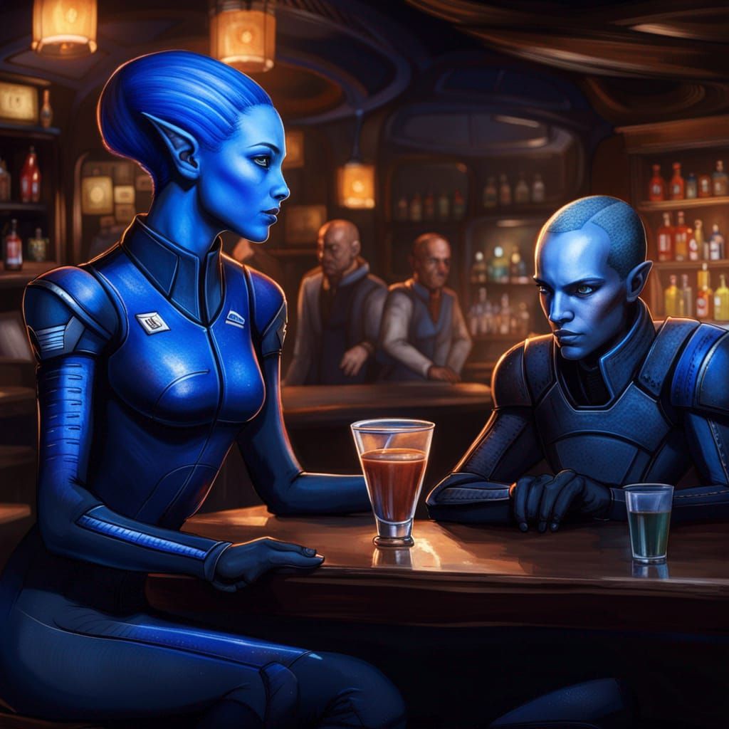 Liara T'Soni and John Shepard at a Cozy Bar