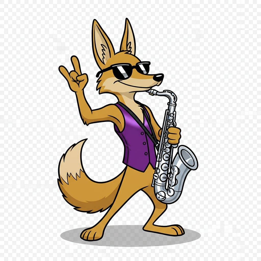 Cartoon Jackal Character in Jazz Pose with Saxophone