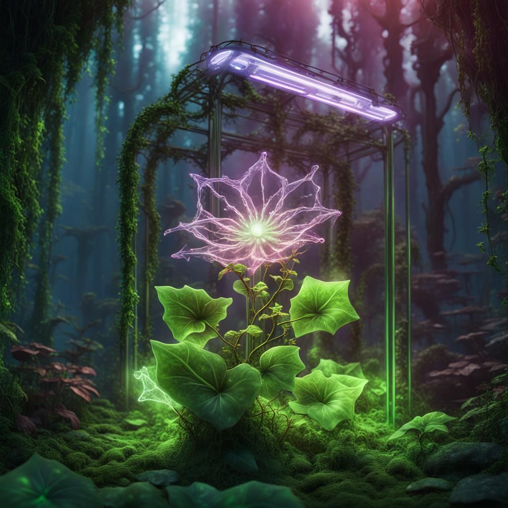 Glass Flower in Fluorescent Forest: Detailed Matte Painting