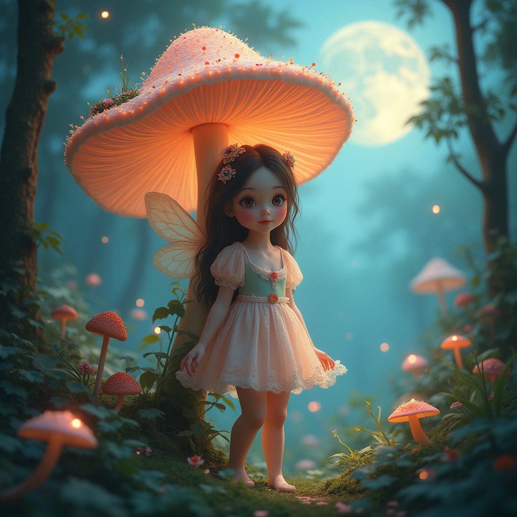 Luminescent Mushroom Canopy with Enchanting Fairy Girl