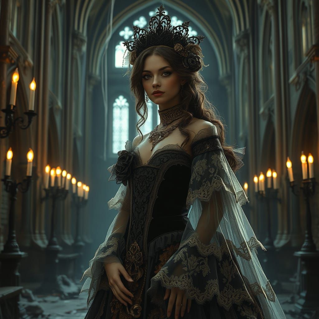 Ethereal Gothic Princess in Abandoned Cathedral