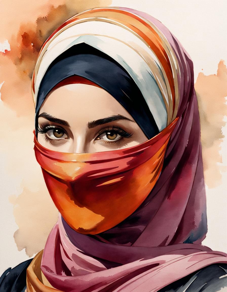 Watercolor Portrait of Woman in Hijab and Facemask