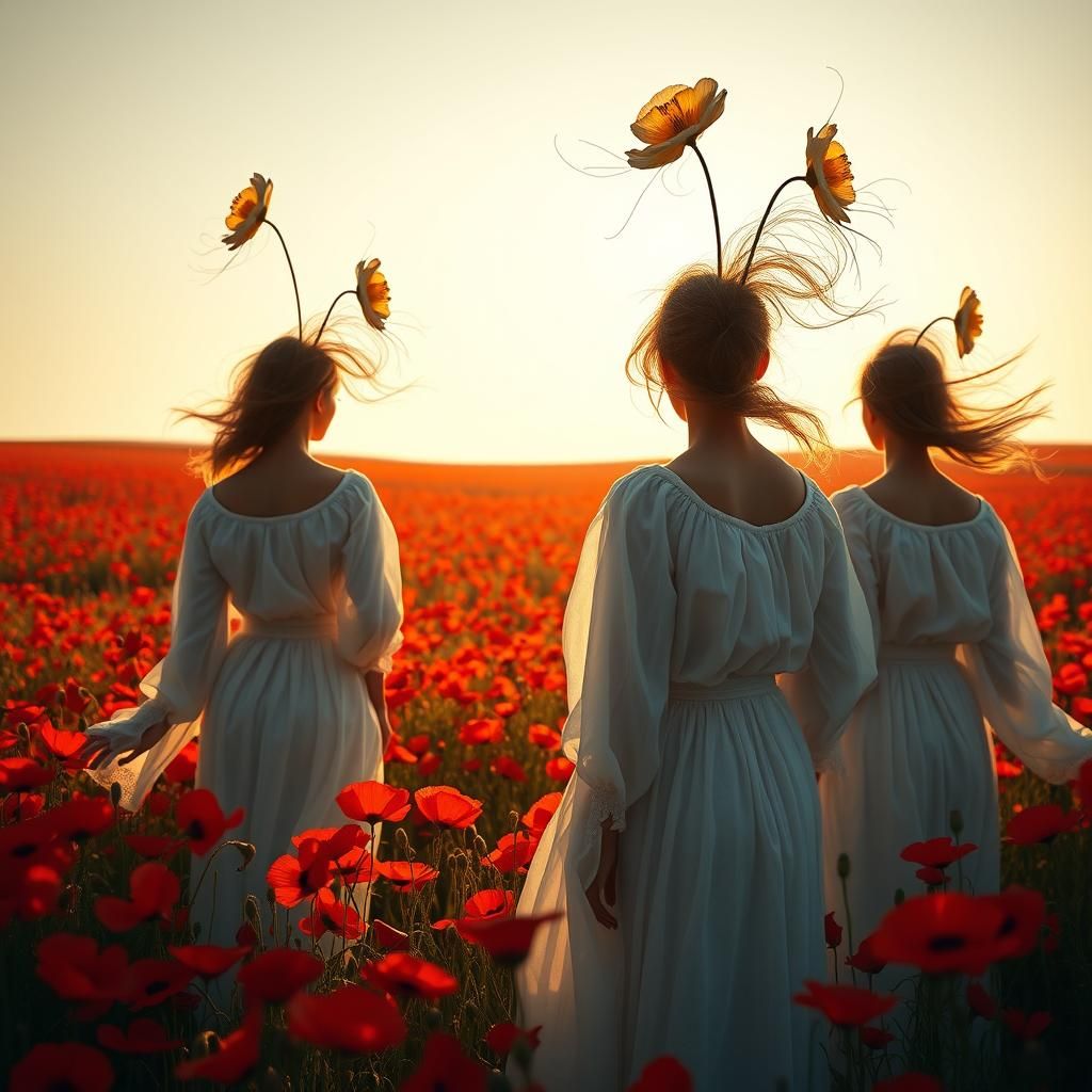 Poppy Field with Women in White, Hyperrealistic Art