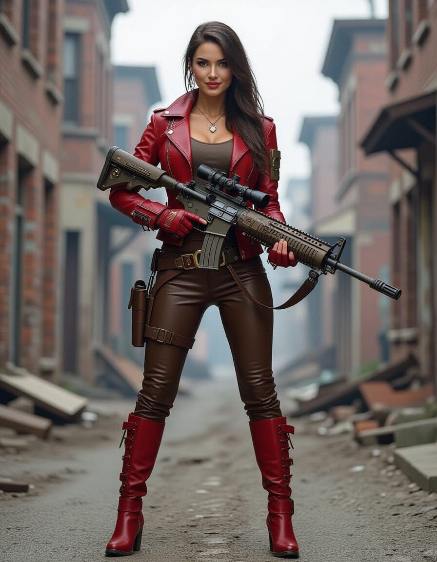 Steampunk Soldier in Ruined Cityscape