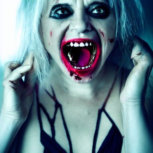 Possessed Woman with Glowing Eyes and Sharp Teeth