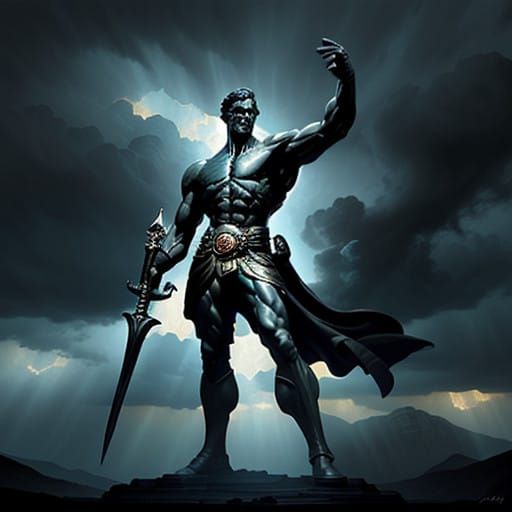Heroic Figure Dominates Stormy Skies in a Blend of Classical...