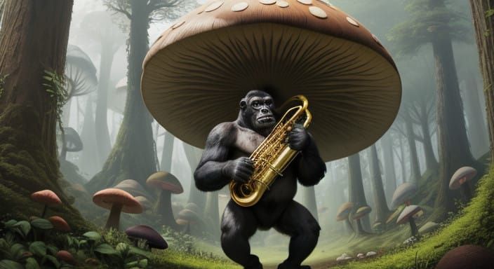 a gorilla playing a tuba under a giant mushroom