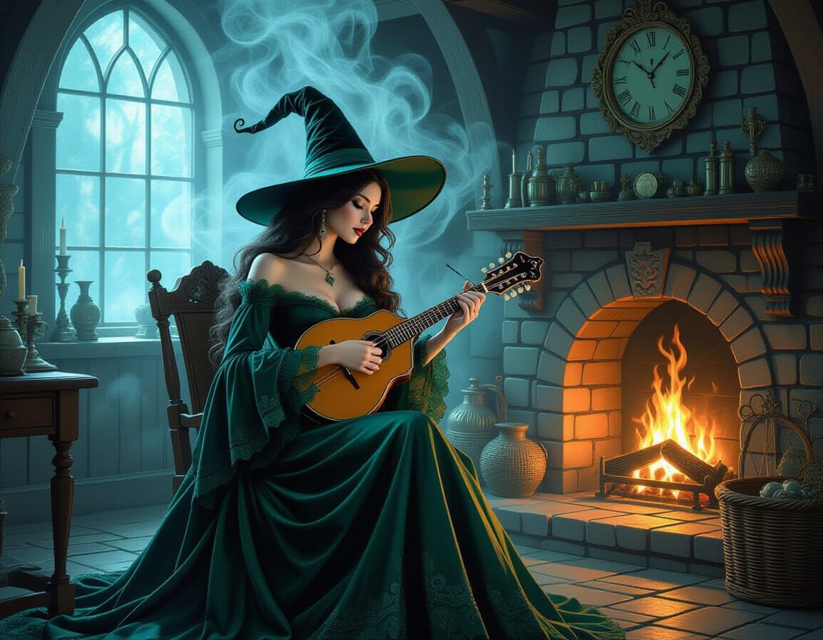 Ethereal Witch Playing Mandolin in Dreamlike Setting