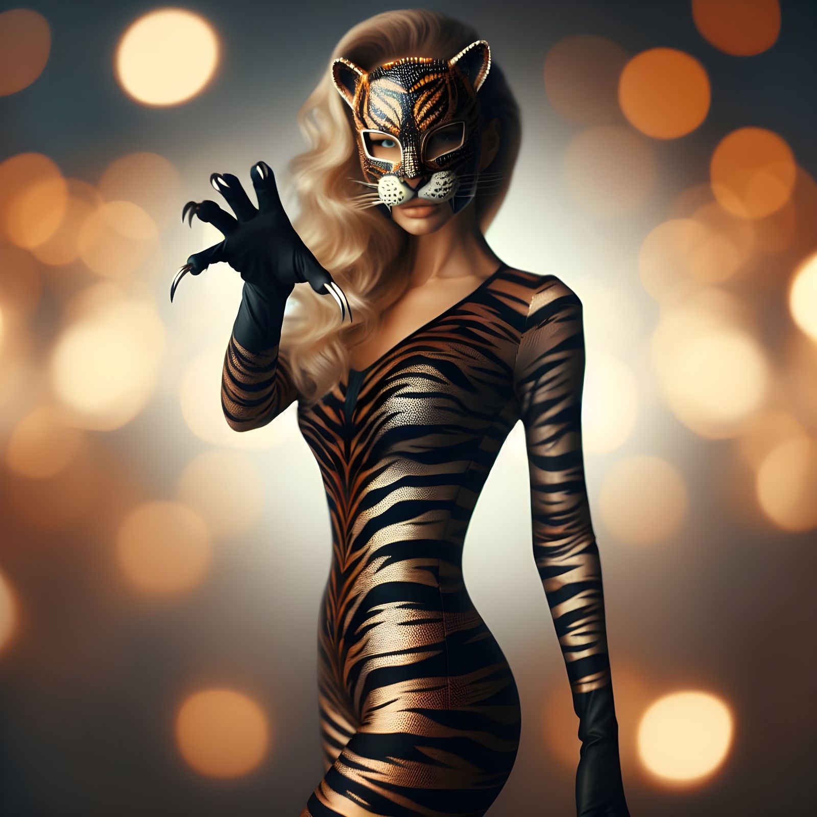 Tiger Woman Superhero Portrait in Bokeh Style