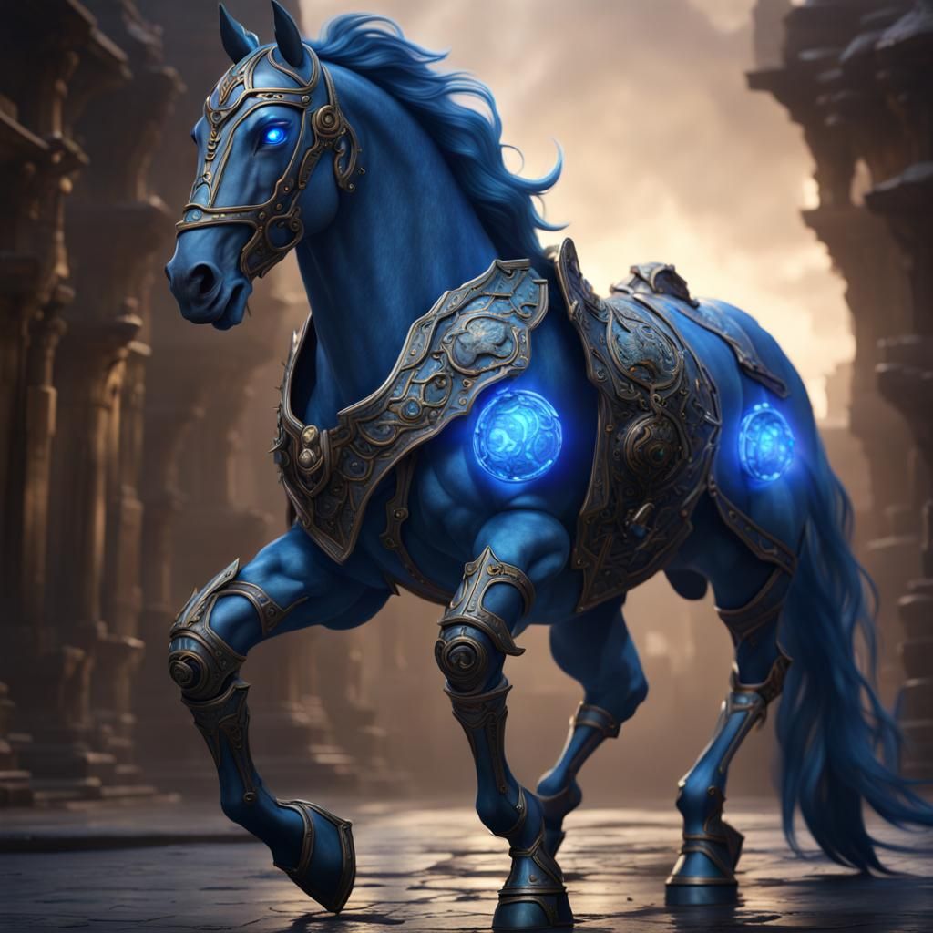 Blue Gem Armored Horse with Glowing Eyes