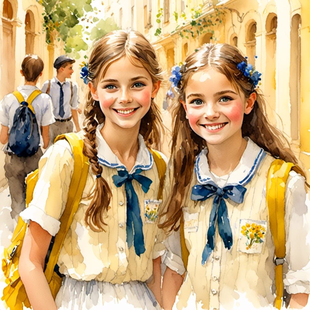 Teenage Girls Portrait in Crayon Drawing Style
