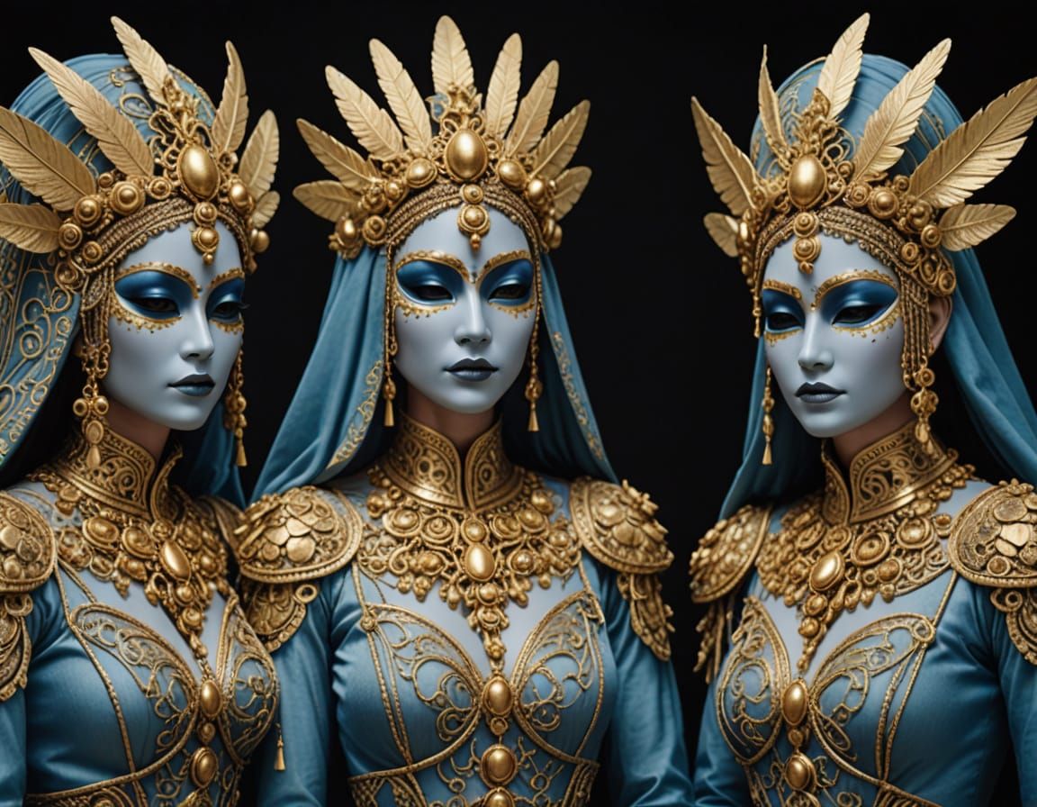 Three Identical Figures in Fantastical Golden Masks