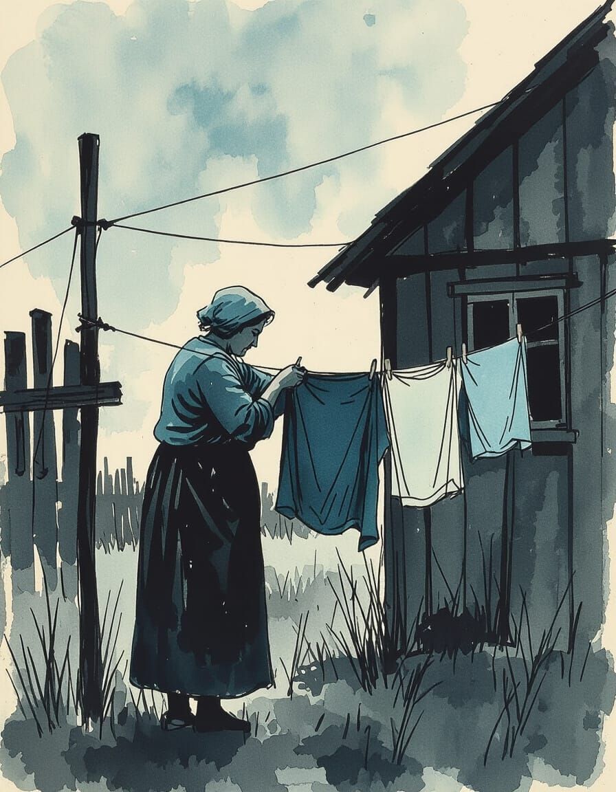 Old Woman Hanging Laundry In Expressive Scribble Art