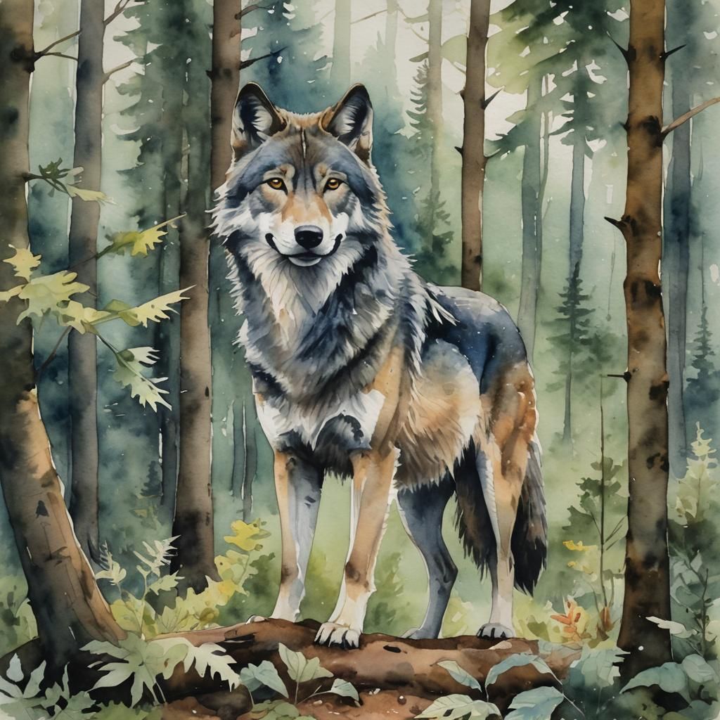 Watercolor Wolf in Forest Scene