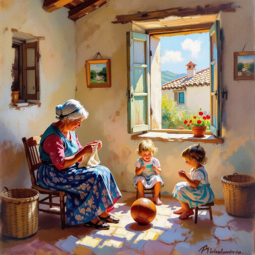 Impressionist Painting Of Sicilian Woman Knitting With Child...