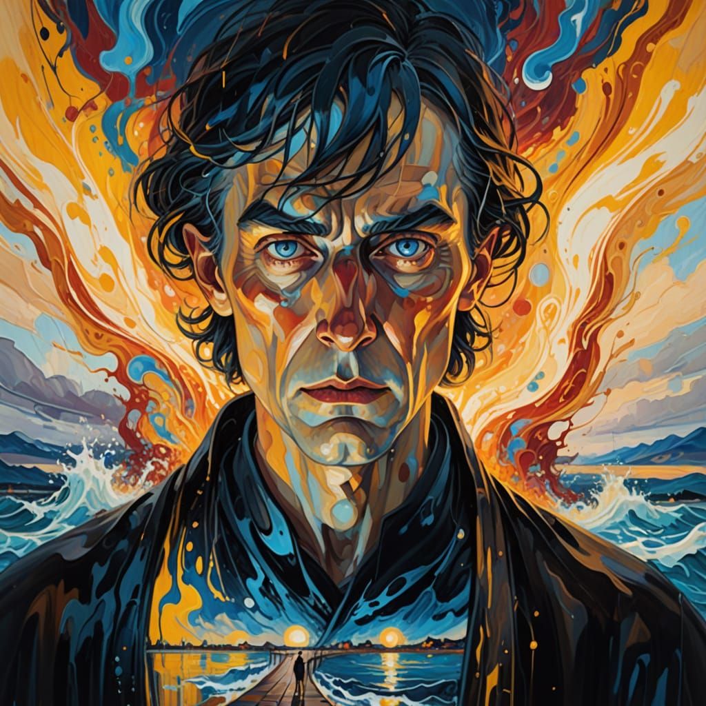 Dramatic Figure Overlooks Turbulent Water in Swirling Expres...
