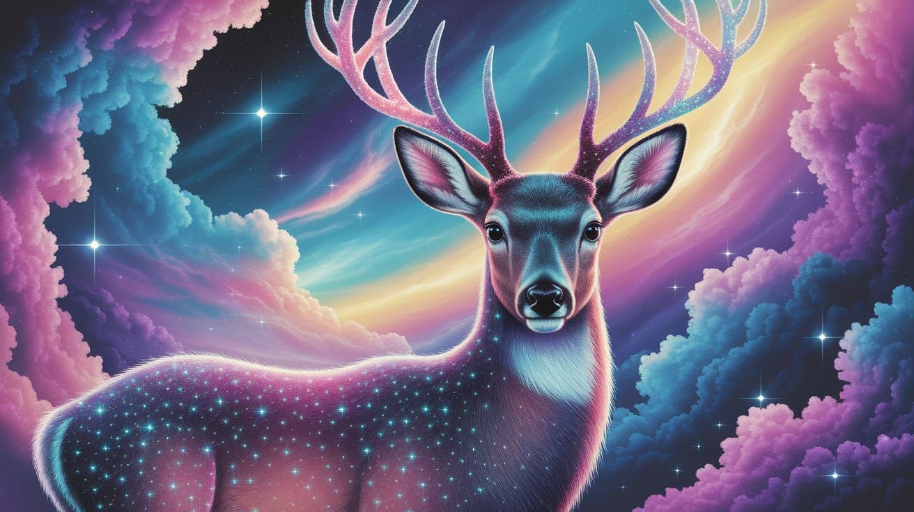 Stardust Deer in Dreamlike World: Ethereal Oil Painting