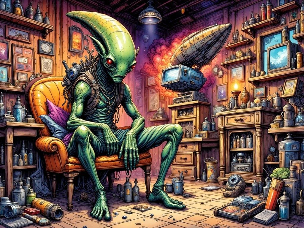 Alien Convict Hiding as Dog in Sci-Fi Room