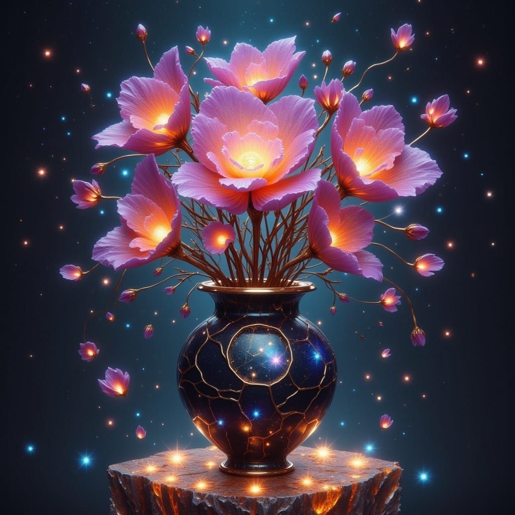 Cosmic Bouquet in Cracked Obsidian Vase