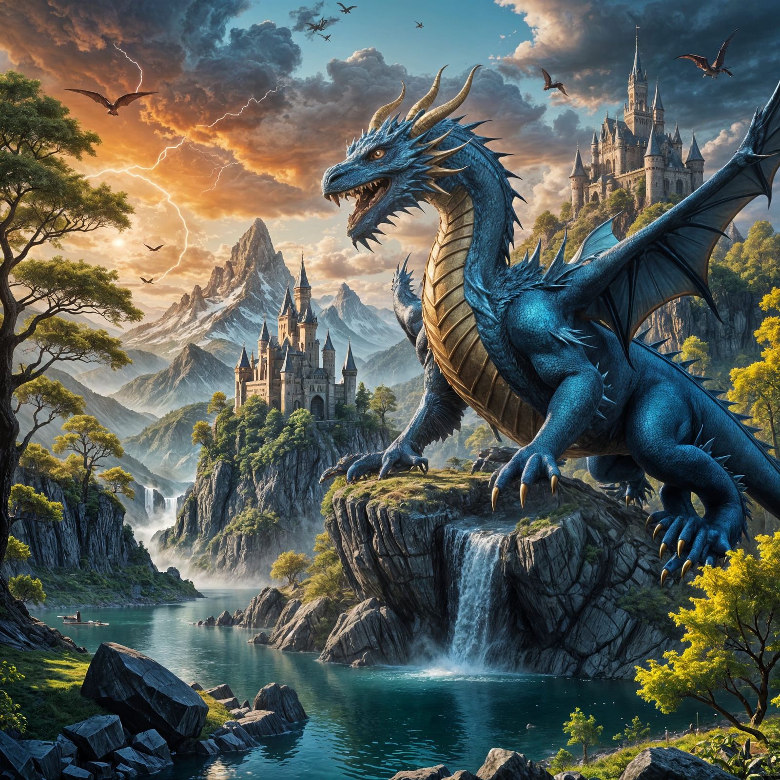 Electric Blue Dragon in Flight above Tartarian Castle