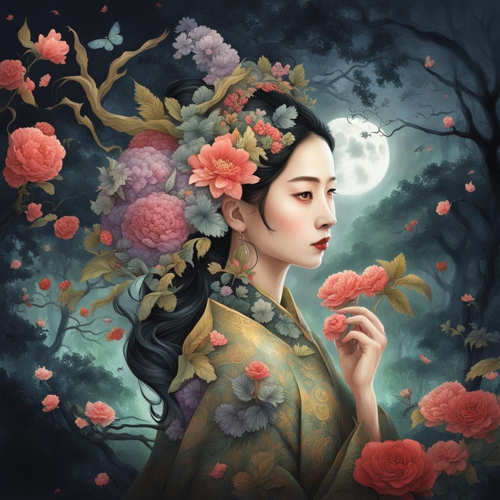 Persephone in Magical Forest: Hyperrealistic East Asian Quee...
