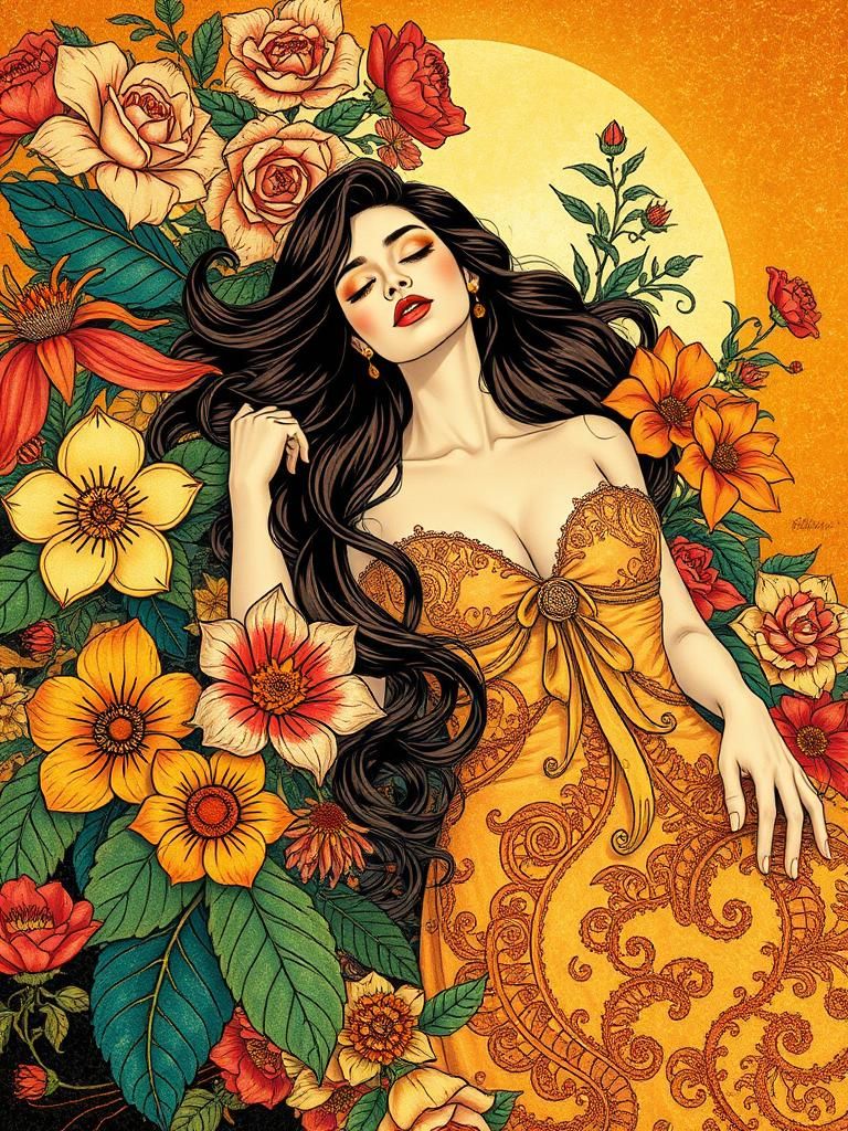 Woman Surrounded by Blooms in Art Nouveau Style