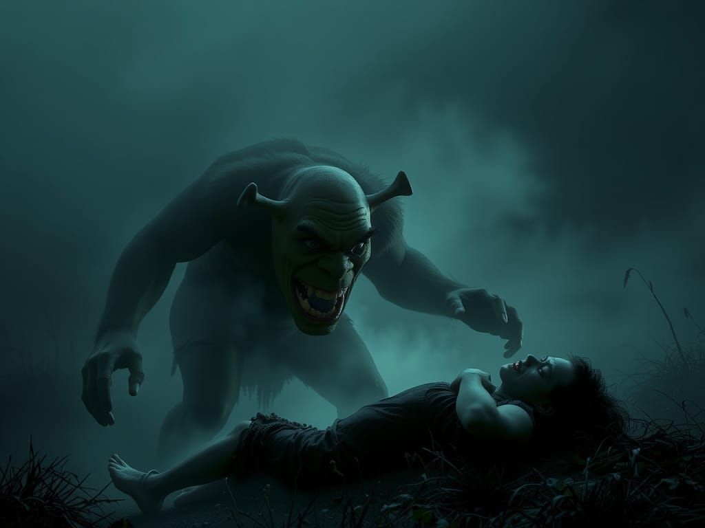 Eerie Shrek Figure Devouring Human in Dark Fantasy