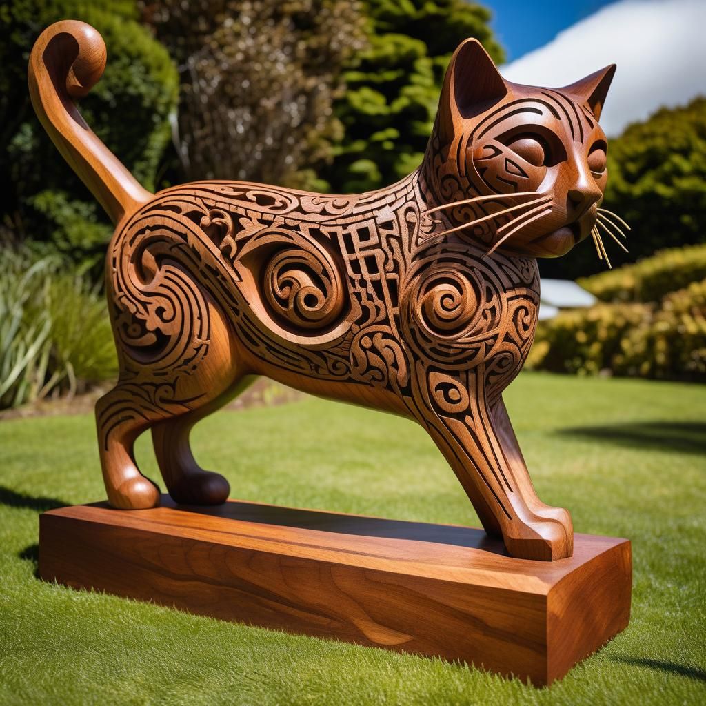 Maori Carved Wooden Cat Sculpture