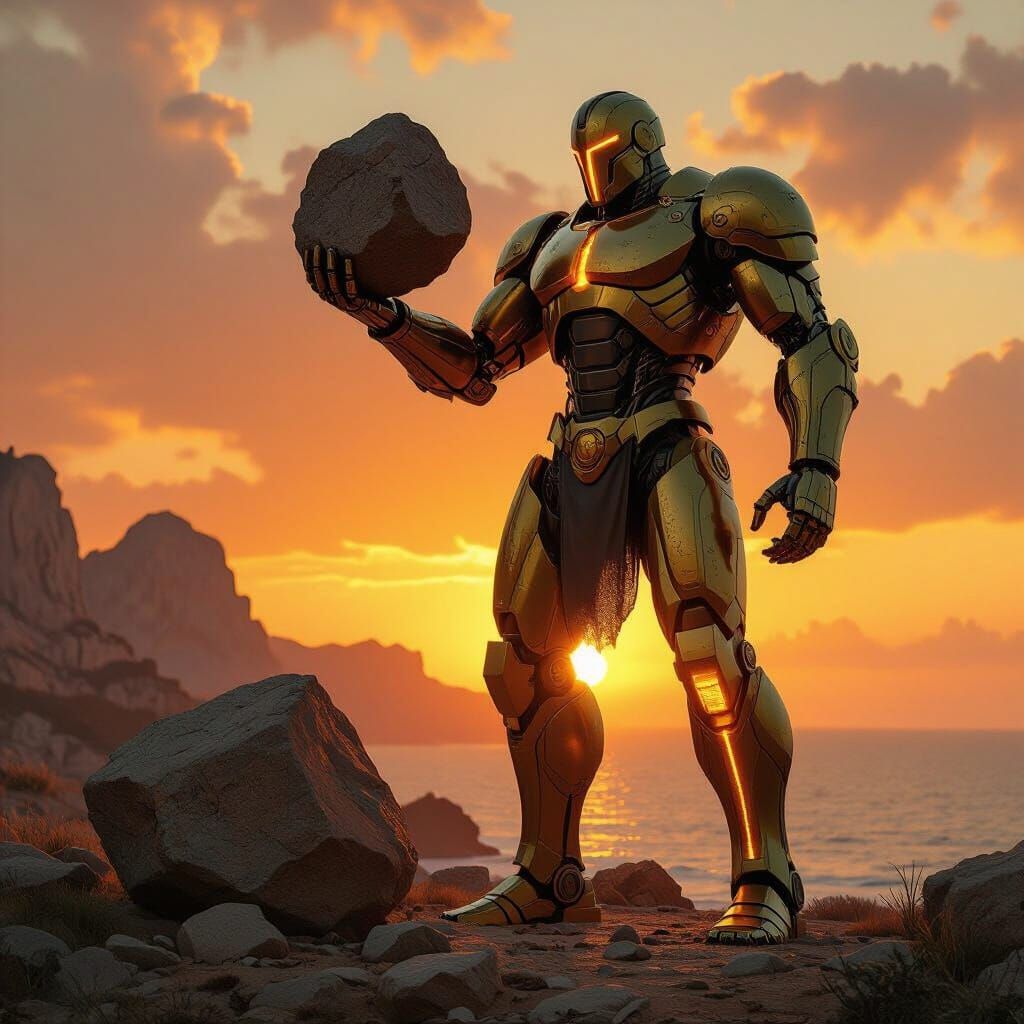 Talos patrols the rocky coastline of ancient Crete at sunset