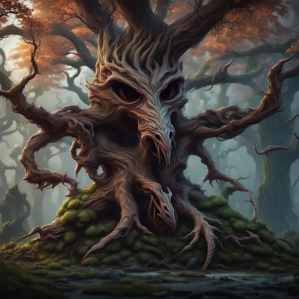 Fantastical Tree Creature with Double-Bladed Axe