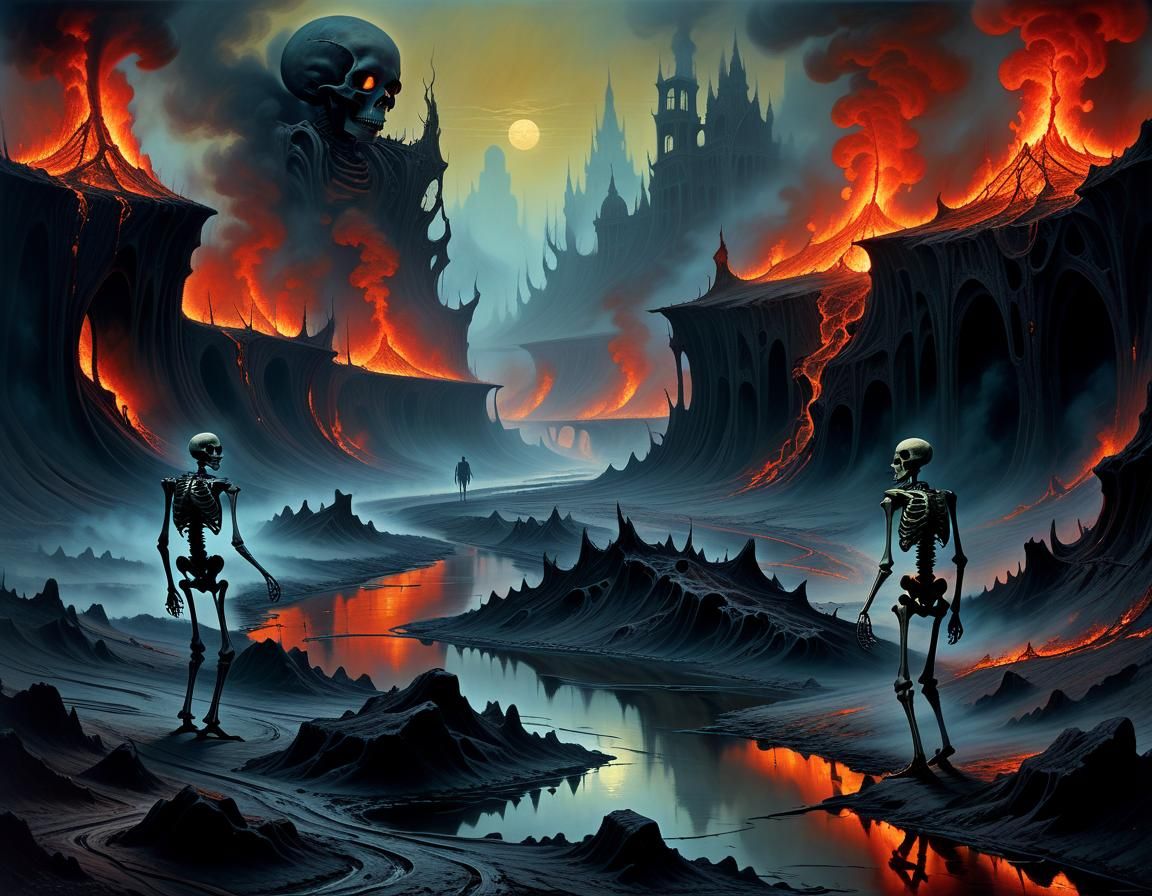 Eerie Underworld Landscape with Fiery River