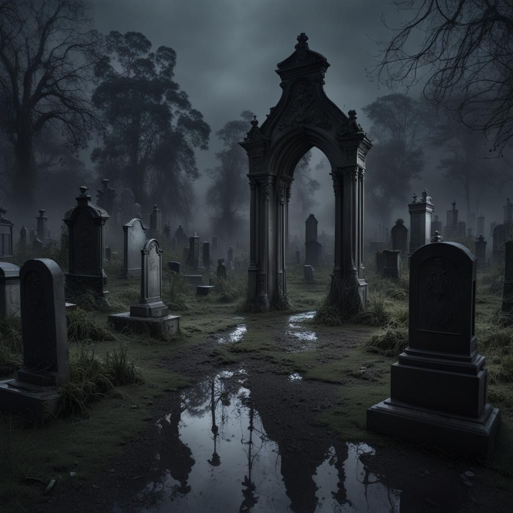 Haunted Victorian Graveyard at Night in Photorealistic Style