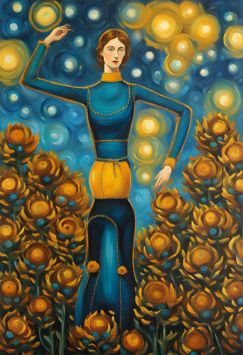 Woman in Sunflower Field under Starry Night Sky