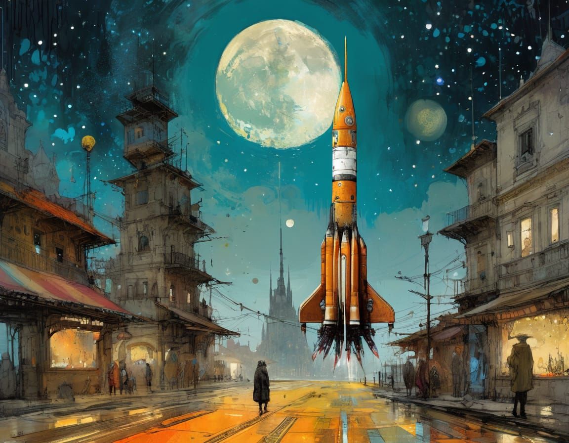 Futuristic Rocket Launch to the Moon as Matte Painting