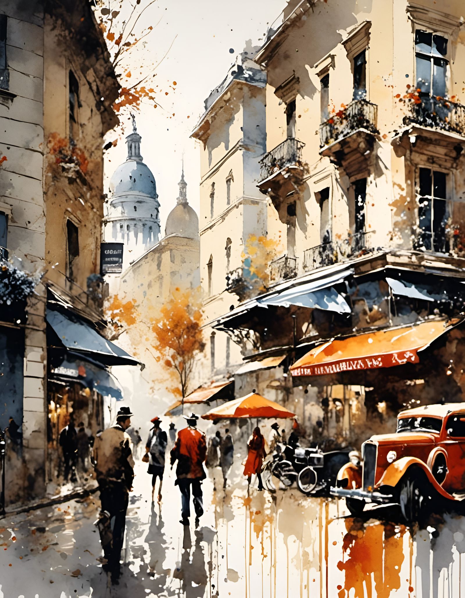 Watercolor Cityscape with Graffiti Art