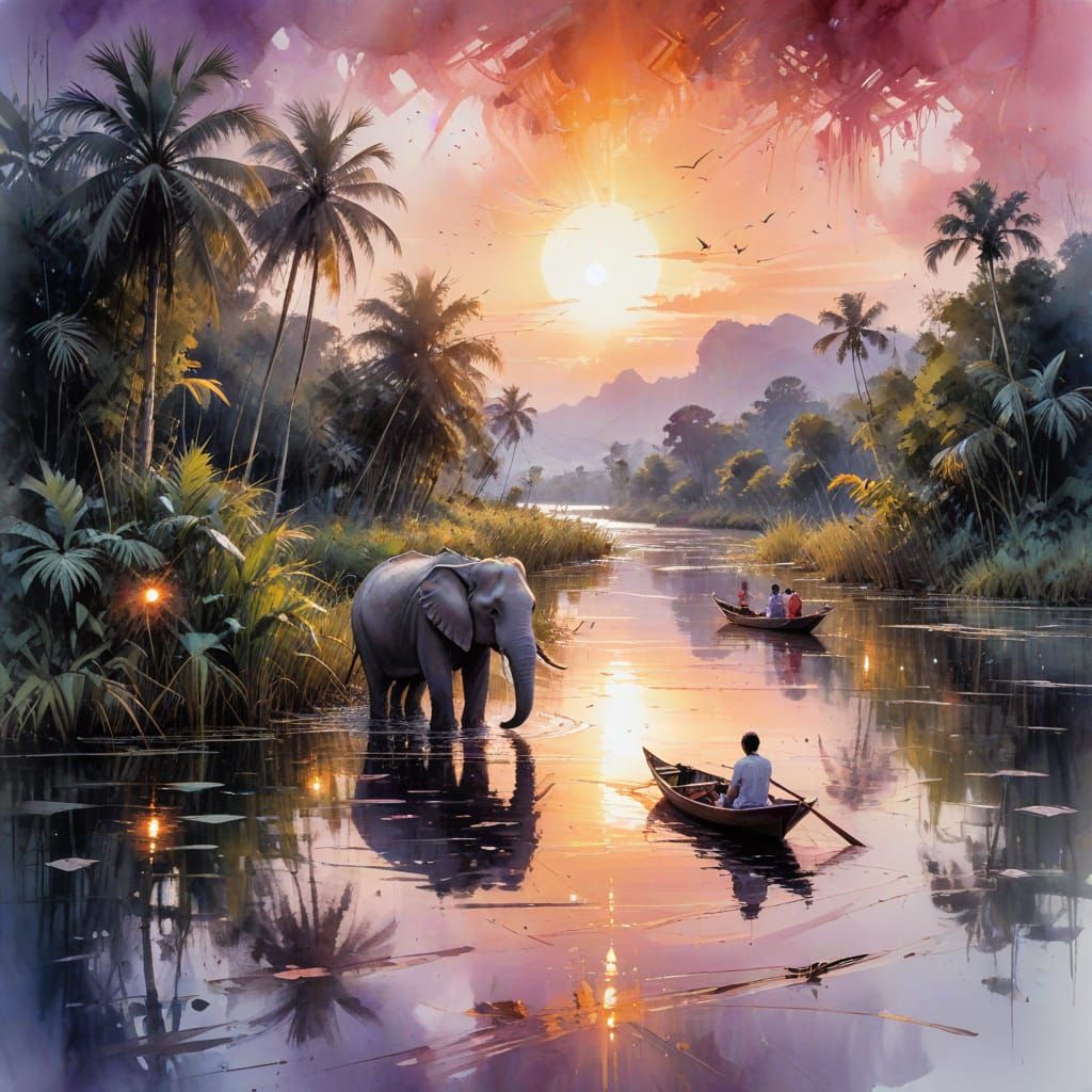 Kampot River Sunset: Serene Waterscape in Watercolor Style