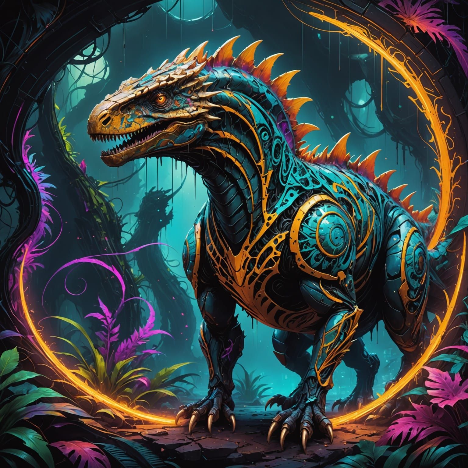 Cyberpunk Visual Art of a Fantastical Dinosaur with Neon Lig...