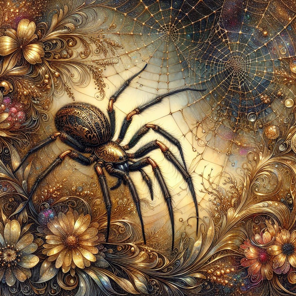 Gold and Bronze Spider in Summer Garden, Alcohol Ink Art