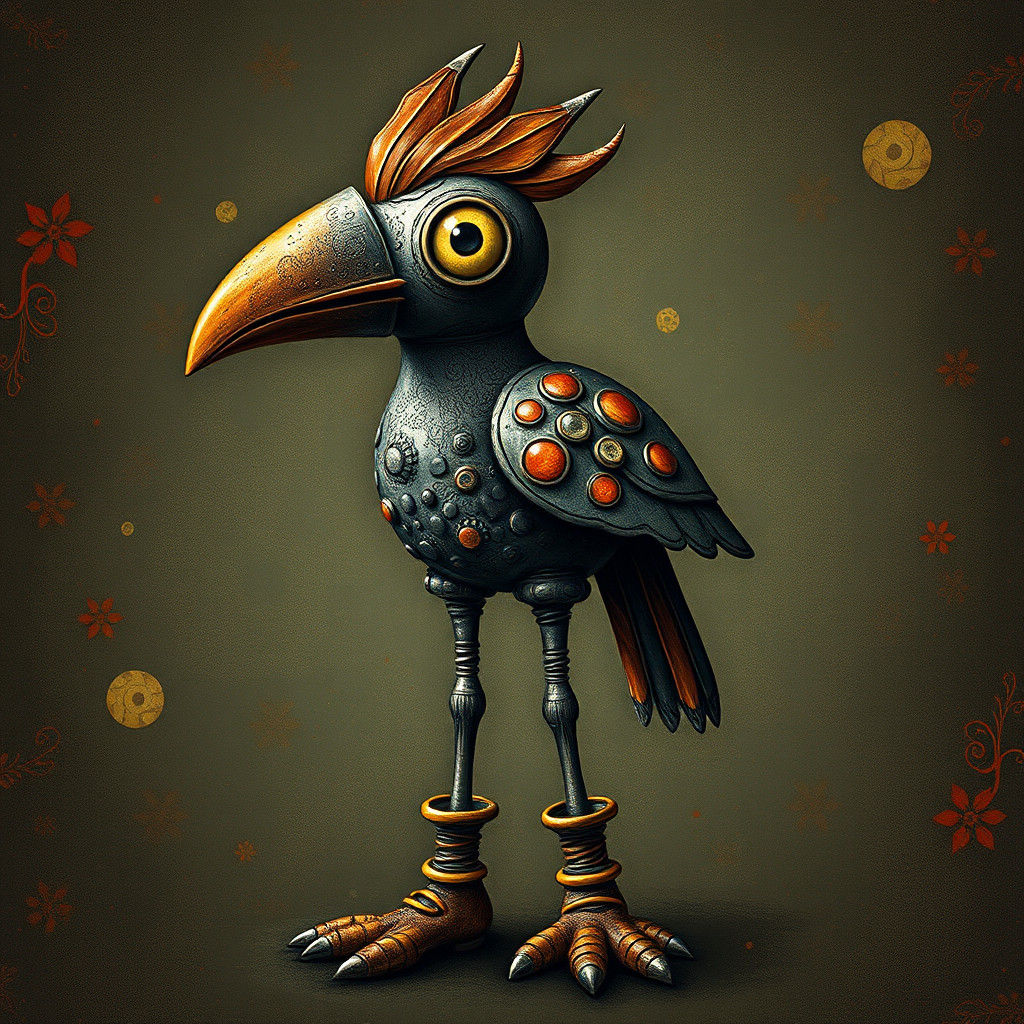 Whimsical Metal Bird in Pointillist, Bauhaus Style