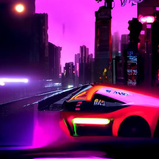 Neon Car Races Through Cyberpunk Cityscape