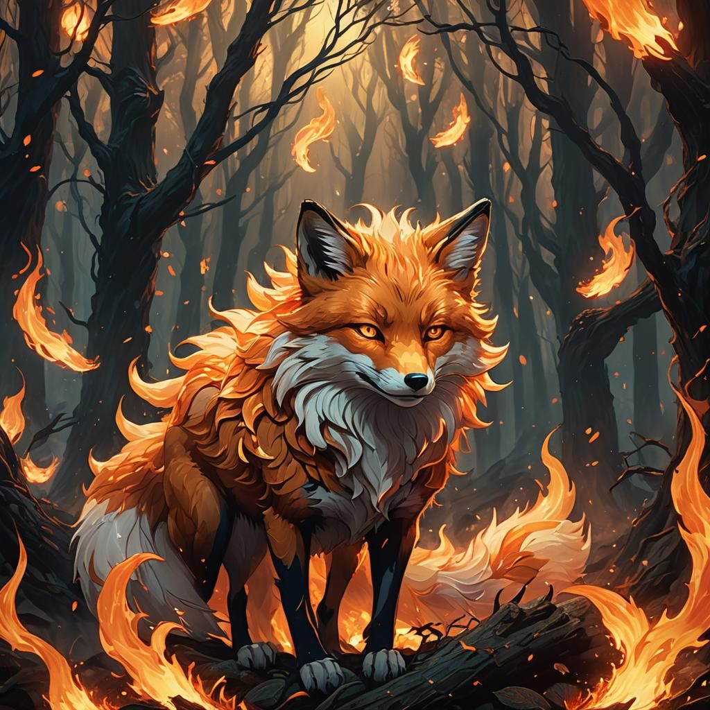 Mystical Nine-Tailed Fox in Fiery Forest