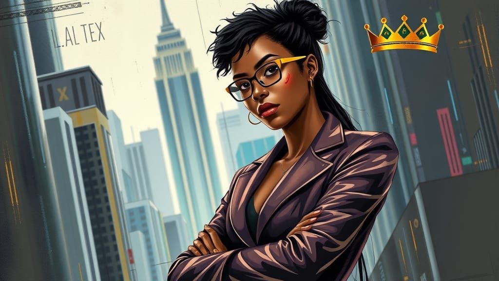Futuristic Black Woman in Metallic Cityscape Art