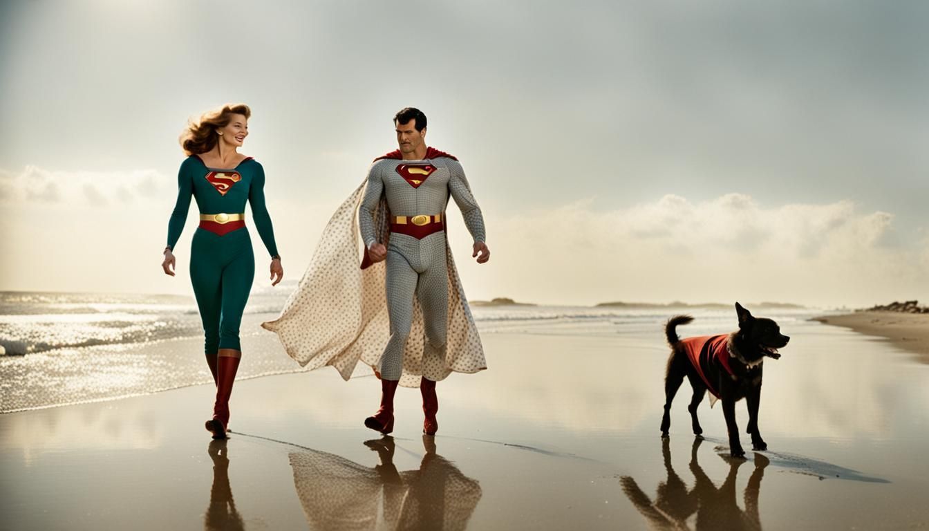 Retro Superman & Retro Supergirl Walking The Dog
