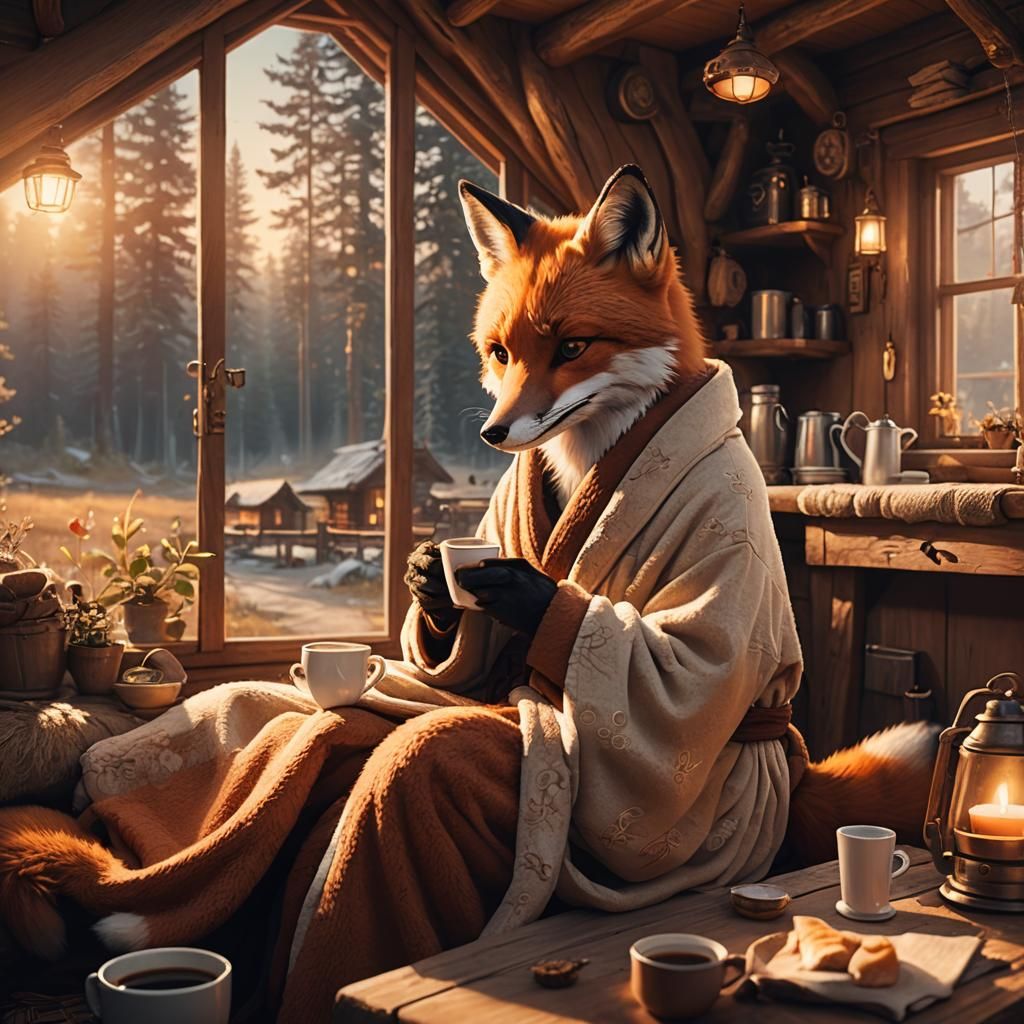 Cozy Fox Sipping Coffee: A Digital Matte Painting